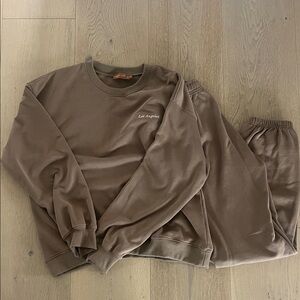 Brown Taupe women Sweat crew neck set with matching pants